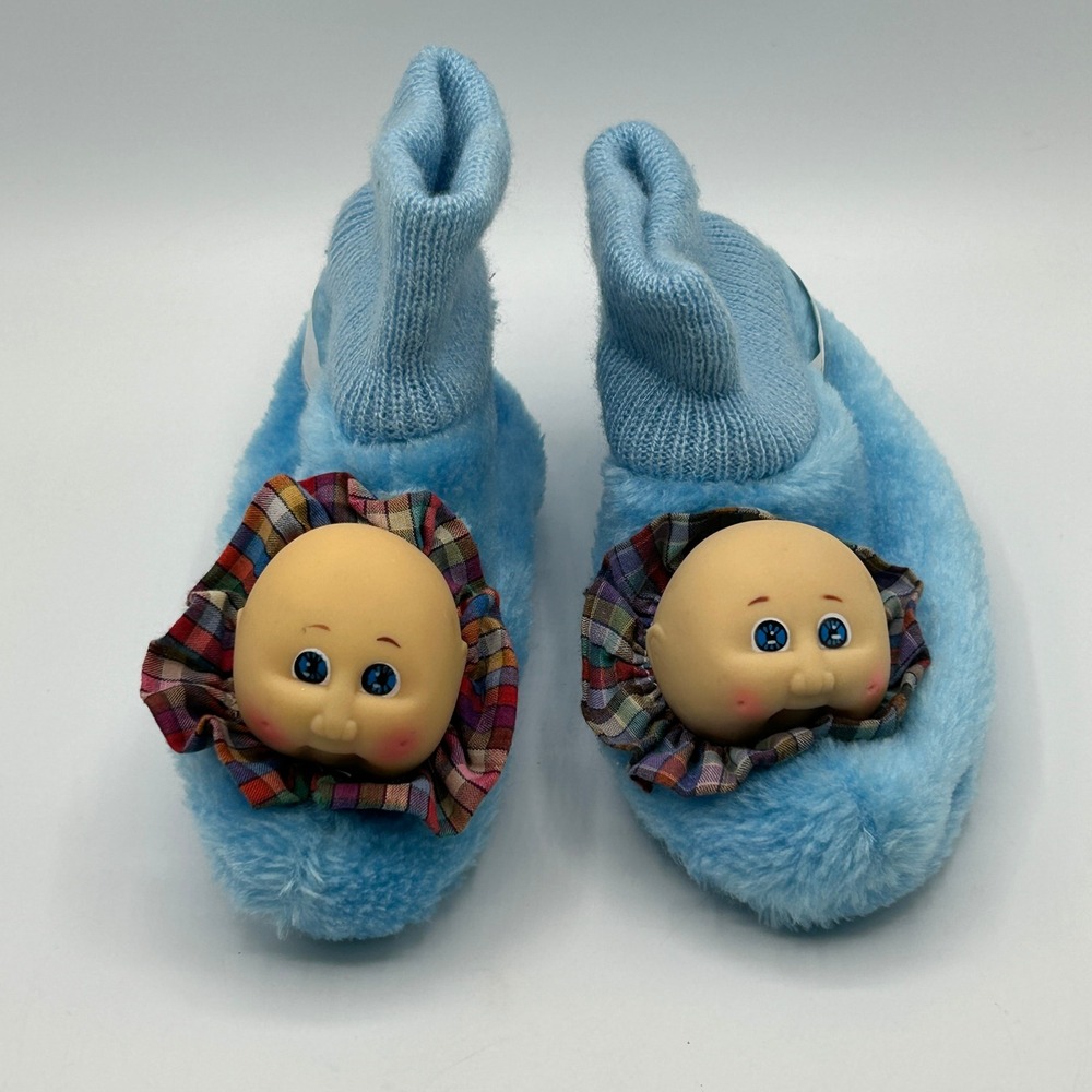 Vintage 1984 Cabbage Patch Kids Blue Faux Fur Bootie Slippers Kids Size 11-12